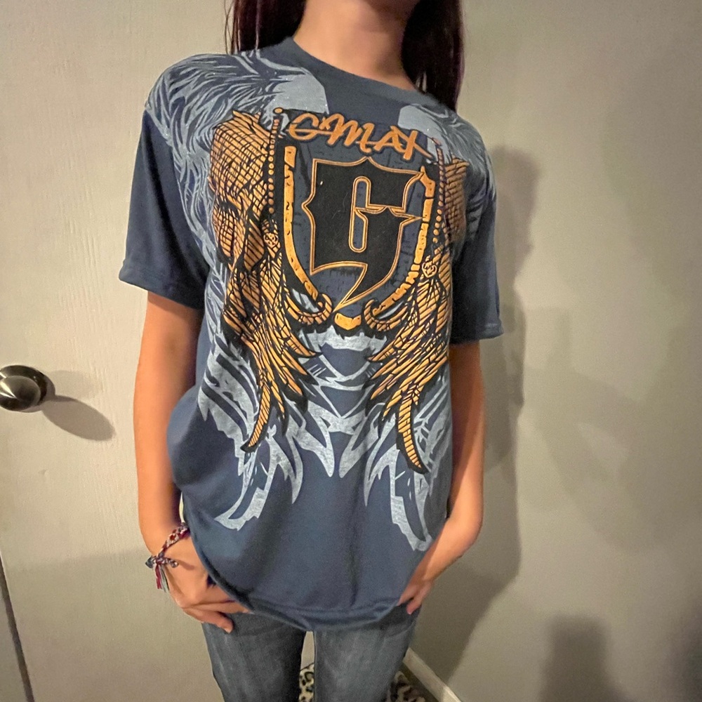 Blue Sparkly Graphic T-Shirt with Gold Wings